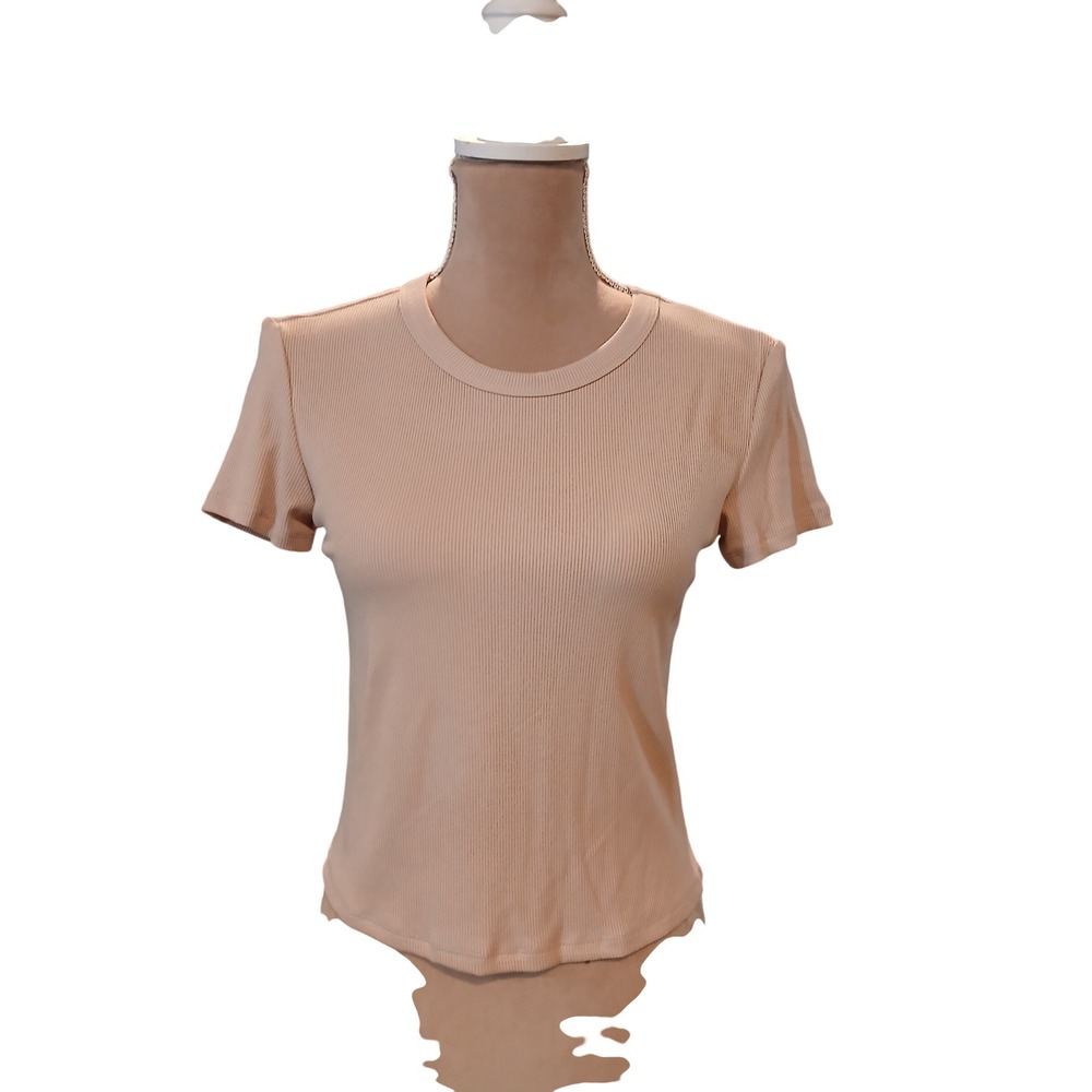 Gypsy + Jade Medium Womens Sand Beige Ribbed Short Sleeve Crew Neck tshirt